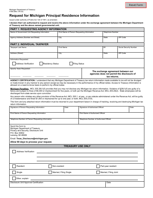Form 4169 Request for Michigan Principal Residence Information - Michigan