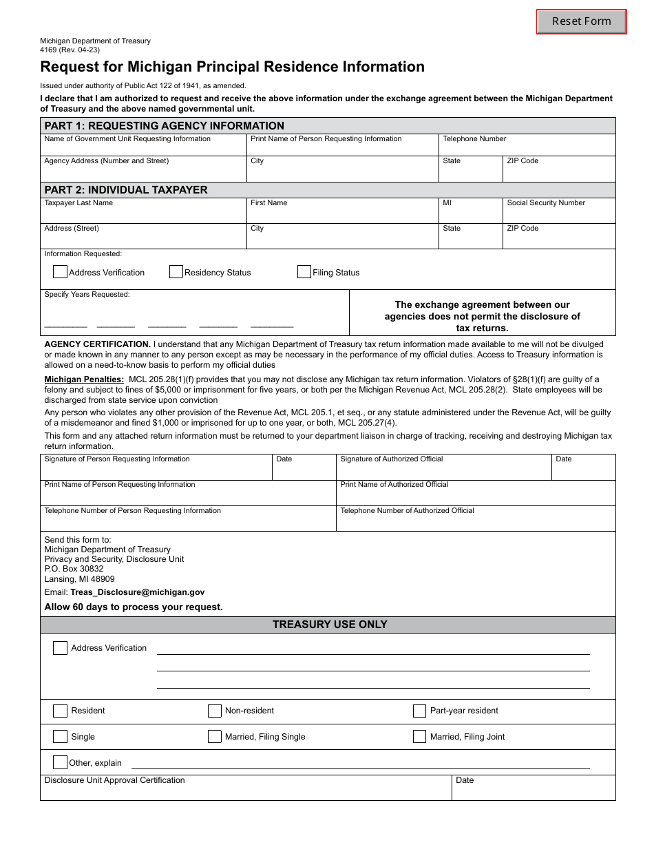 Form 4169 Request for Michigan Principal Residence Information - Michigan, Page 1