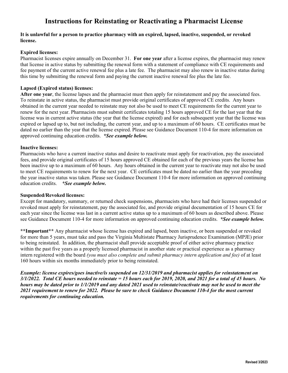 Virginia Application to Reinstate or Reactivate a Pharmacist License ...
