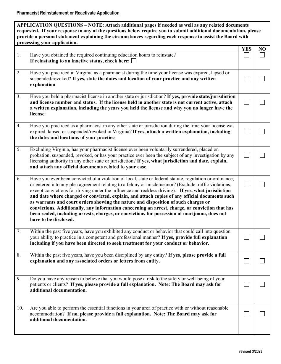 Application to Reinstate or Reactivate a Pharmacist License - Virginia, Page 3