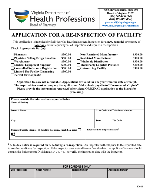 Application for a Re-inspection of Facility - Virginia Download Pdf