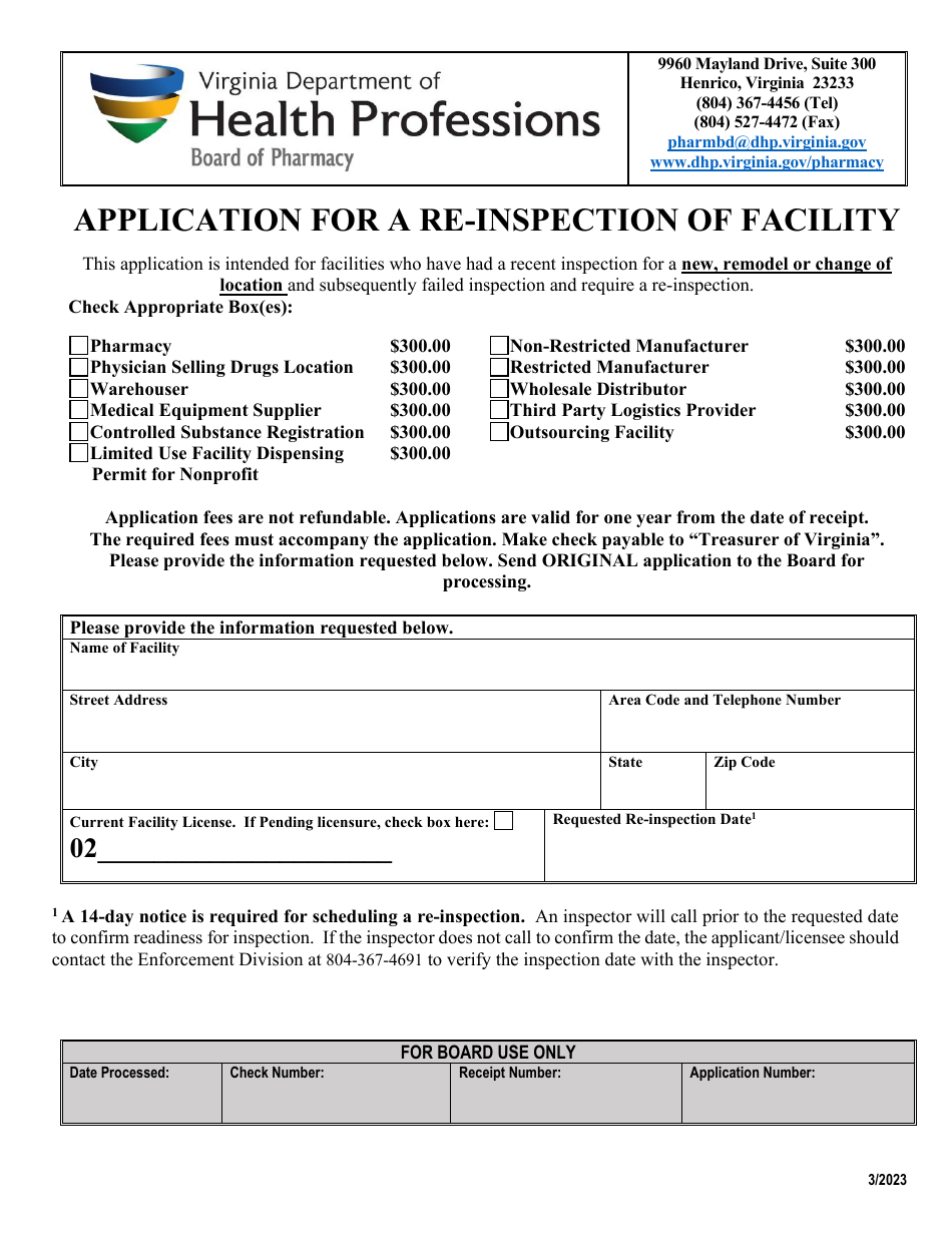 Application for a Re-inspection of Facility - Virginia, Page 1