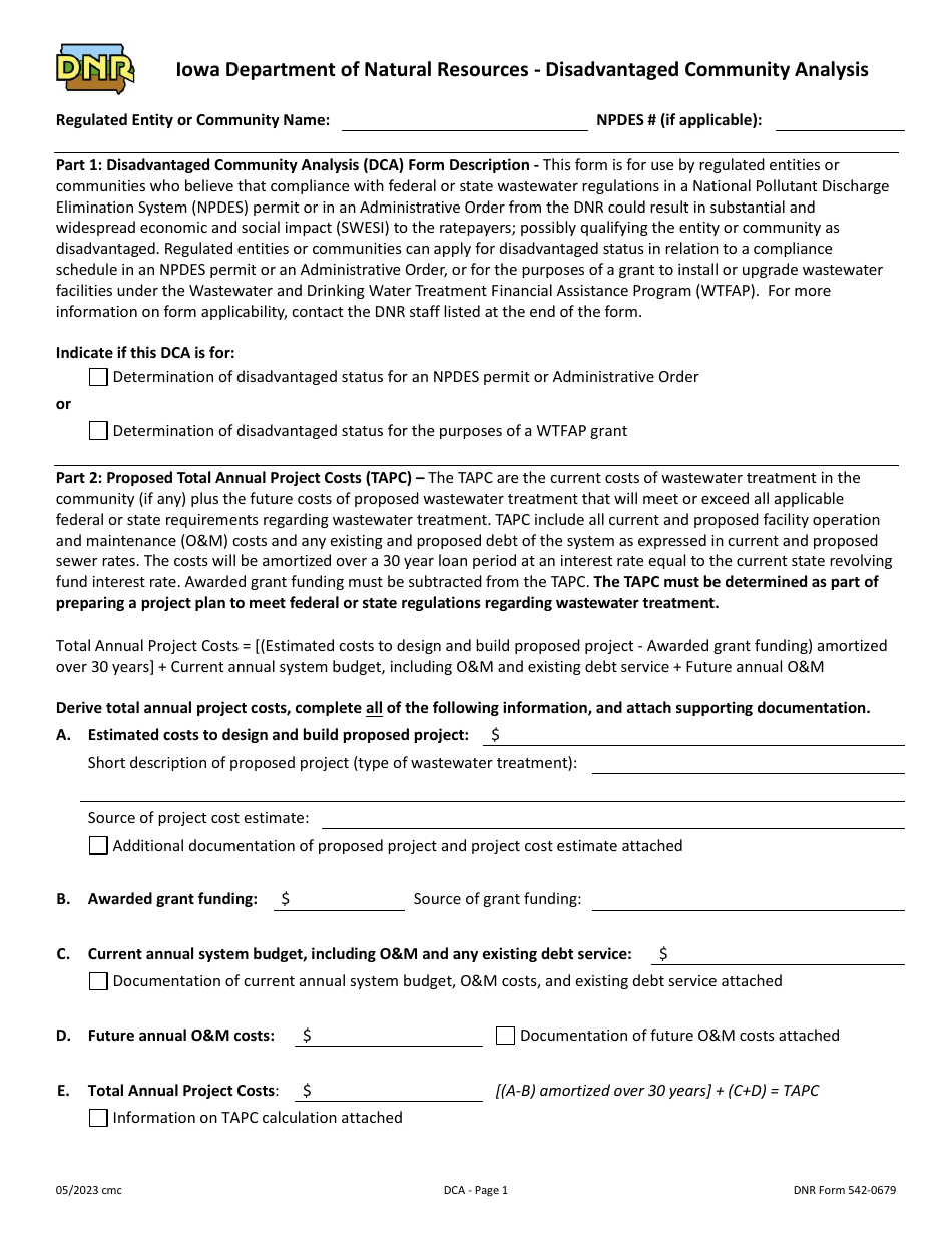 DNR Form 542-0679 Iowa Department of Natural Resources - Disadvantaged Community Analysis - Iowa, Page 1