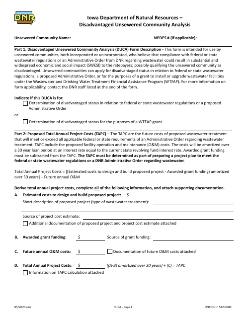 DNR Form 542-0680 Disadvantaged Unsewered Community Analysis - Iowa