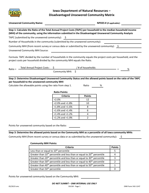 DNR Form 542-1247 Disadvantaged Unsewered Community Matrix - Iowa