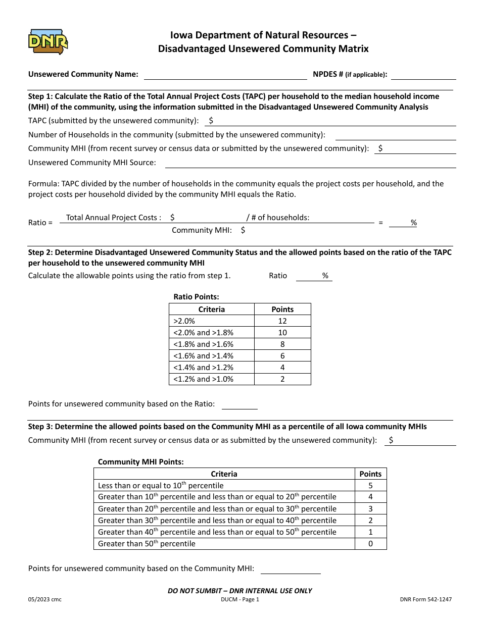 DNR Form 542-1247 Disadvantaged Unsewered Community Matrix - Iowa, Page 1