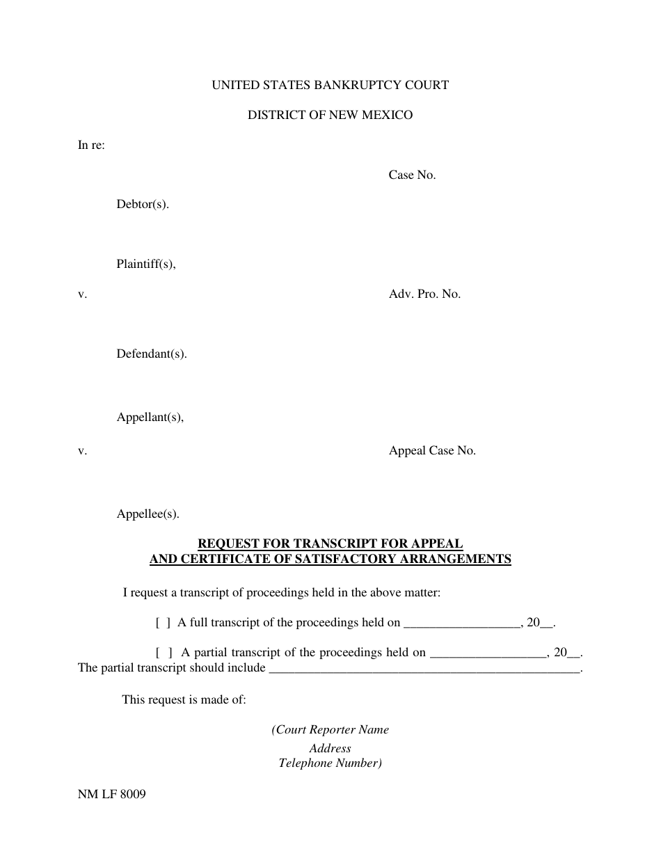 Form NM LF8009 Request for Transcript for Appeal and Certificate of Satisfactory Arrangements - New Mexico, Page 1