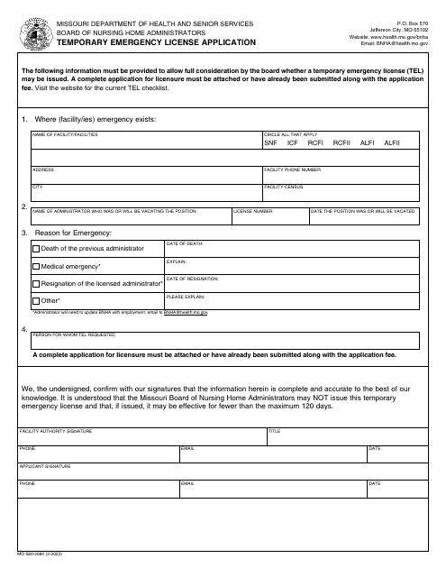 Form MO580-2664 Temporary Emergency License Application - Missouri