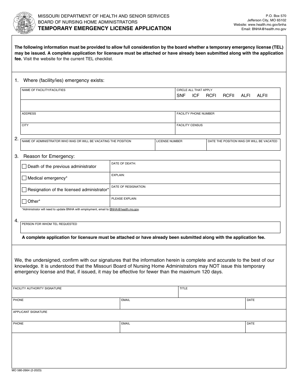 Form MO580-2664 Temporary Emergency License Application - Missouri, Page 1