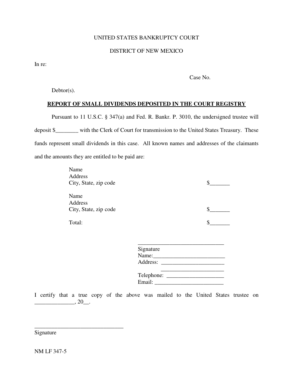 Form NM LF347-5 Report of Small Dividends Deposited in the Court Registry - New Mexico, Page 1
