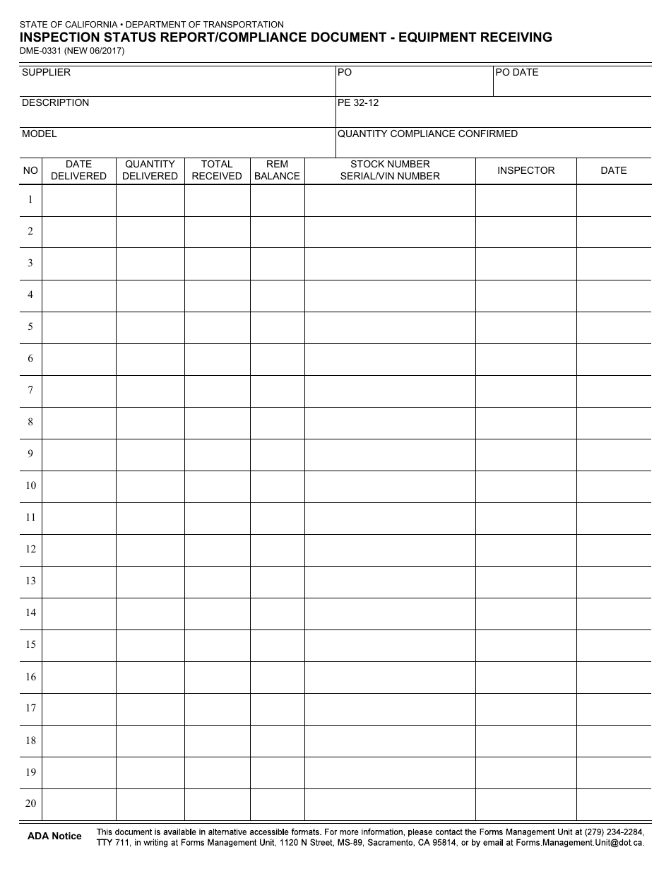Form DME-0331 Inspection Status Report / Compliance Document - Equipment Receiving - California, Page 1