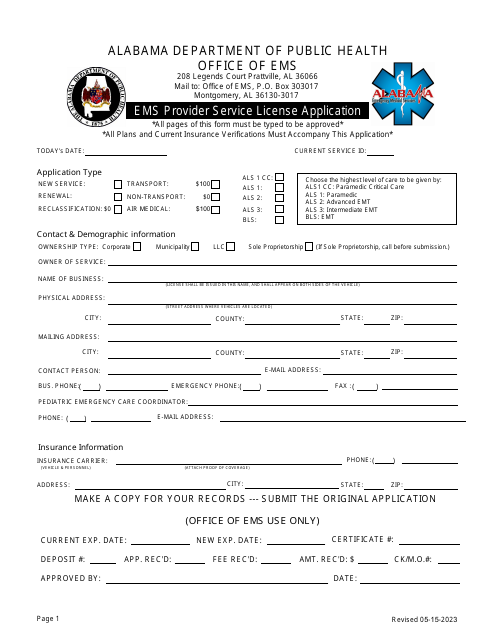 EMS Provider Service License Application - Alabama Download Pdf