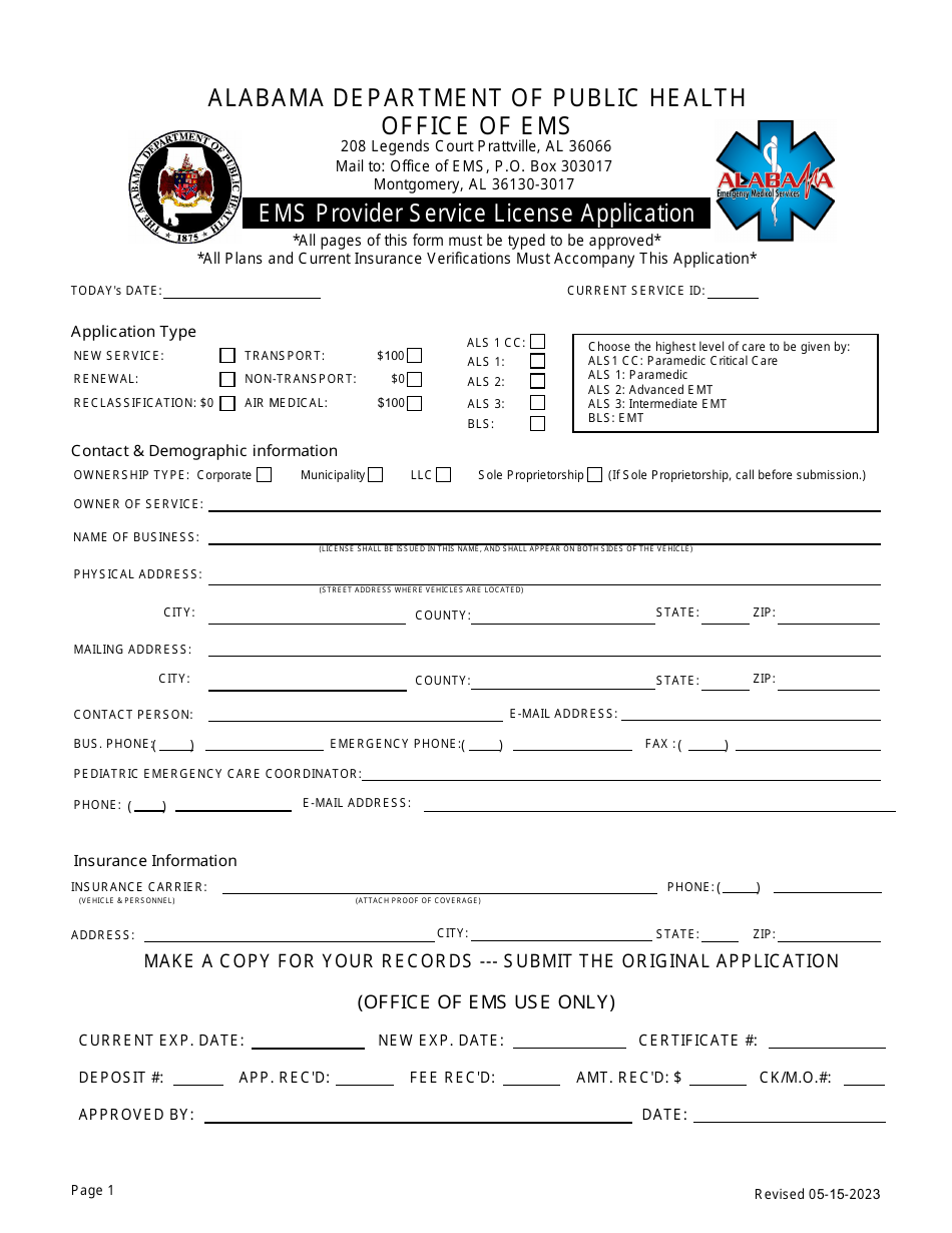 EMS Provider Service License Application - Alabama, Page 1