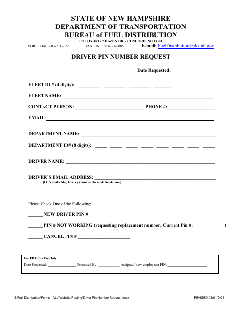 Driver Pin Number Request - New Hampshire Download Pdf