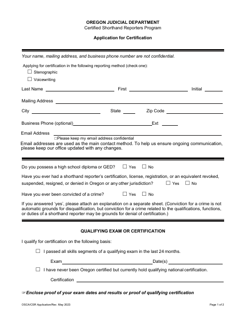 Application for Initial Certification - Certified Shorthand Reporters Program - Oregon Download Pdf