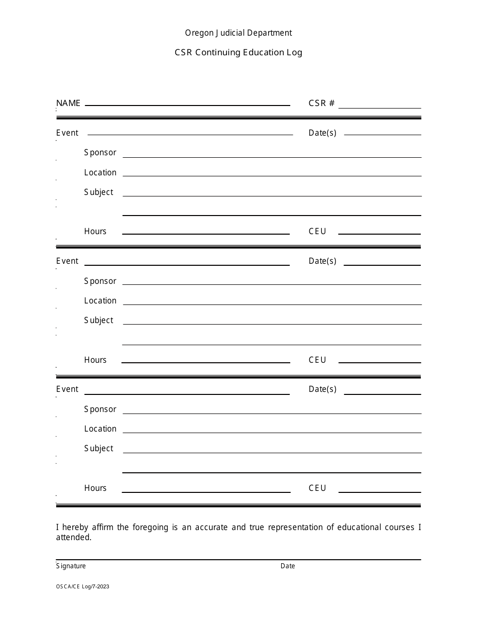 Csr Continuing Education Log - Oregon, Page 2