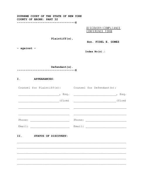 Discovery / Compliance Conference Form - Part 32 - Bronx County, New York Download Pdf