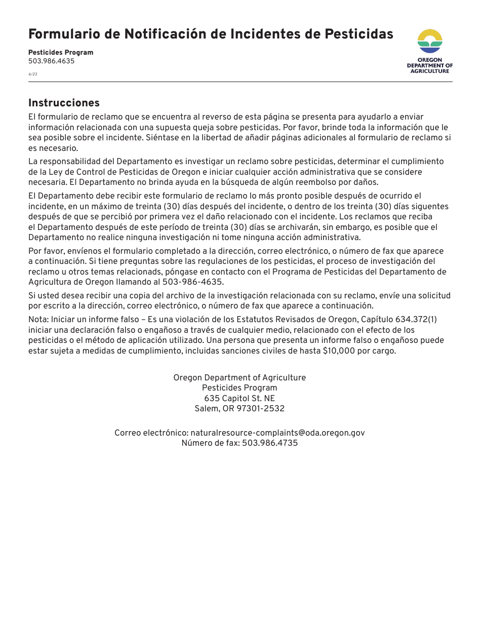 Formulario De Notificacion De Incidentes De Pesticidas - Oregon (Spanish), Page 1