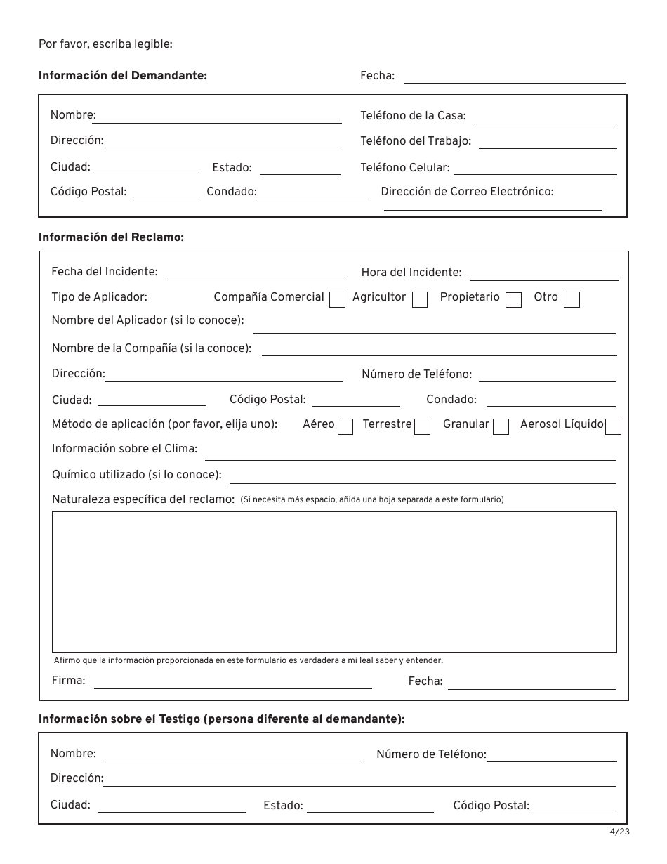 Formulario De Notificacion De Incidentes De Pesticidas - Oregon (Spanish), Page 2