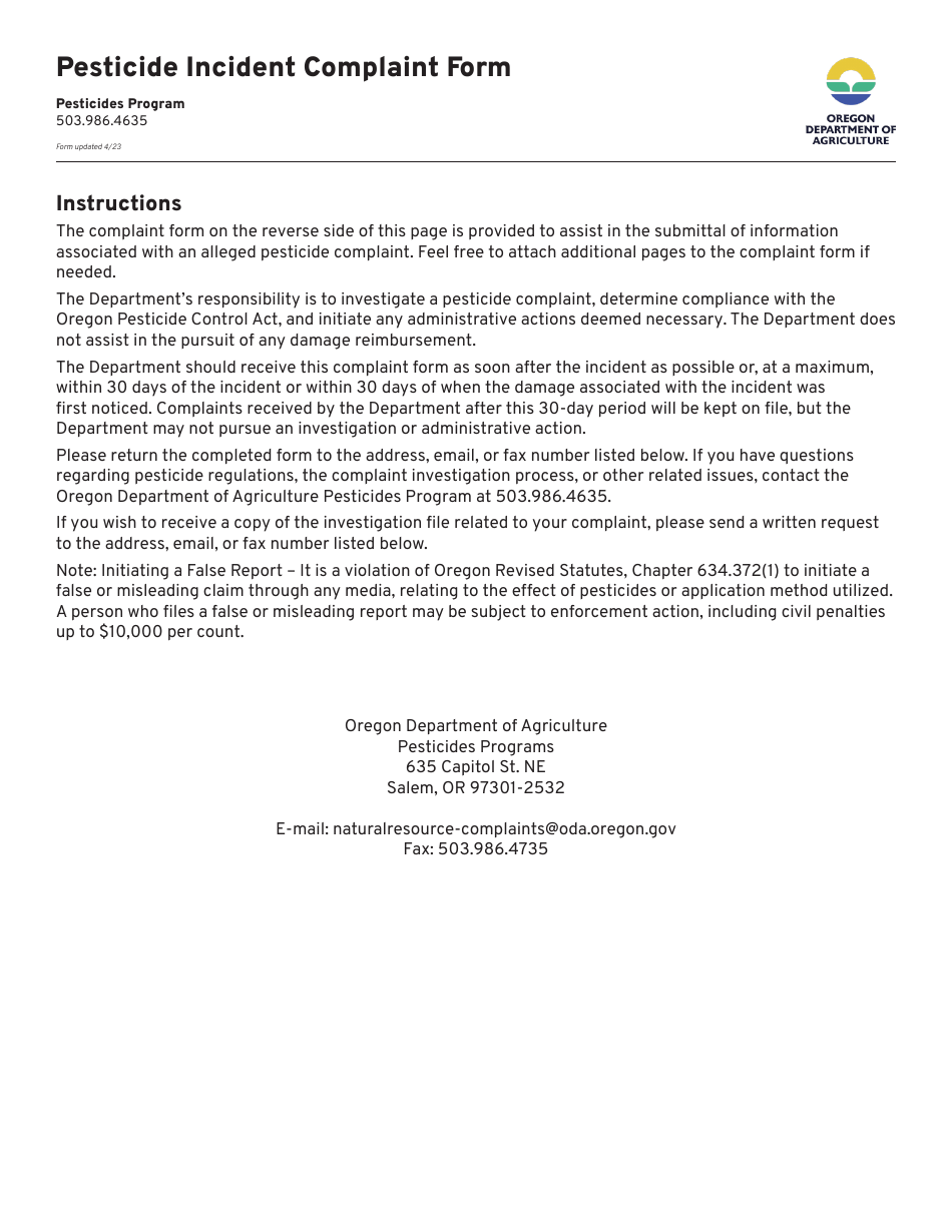 Pesticide Incident Complaint Form - Oregon, Page 1
