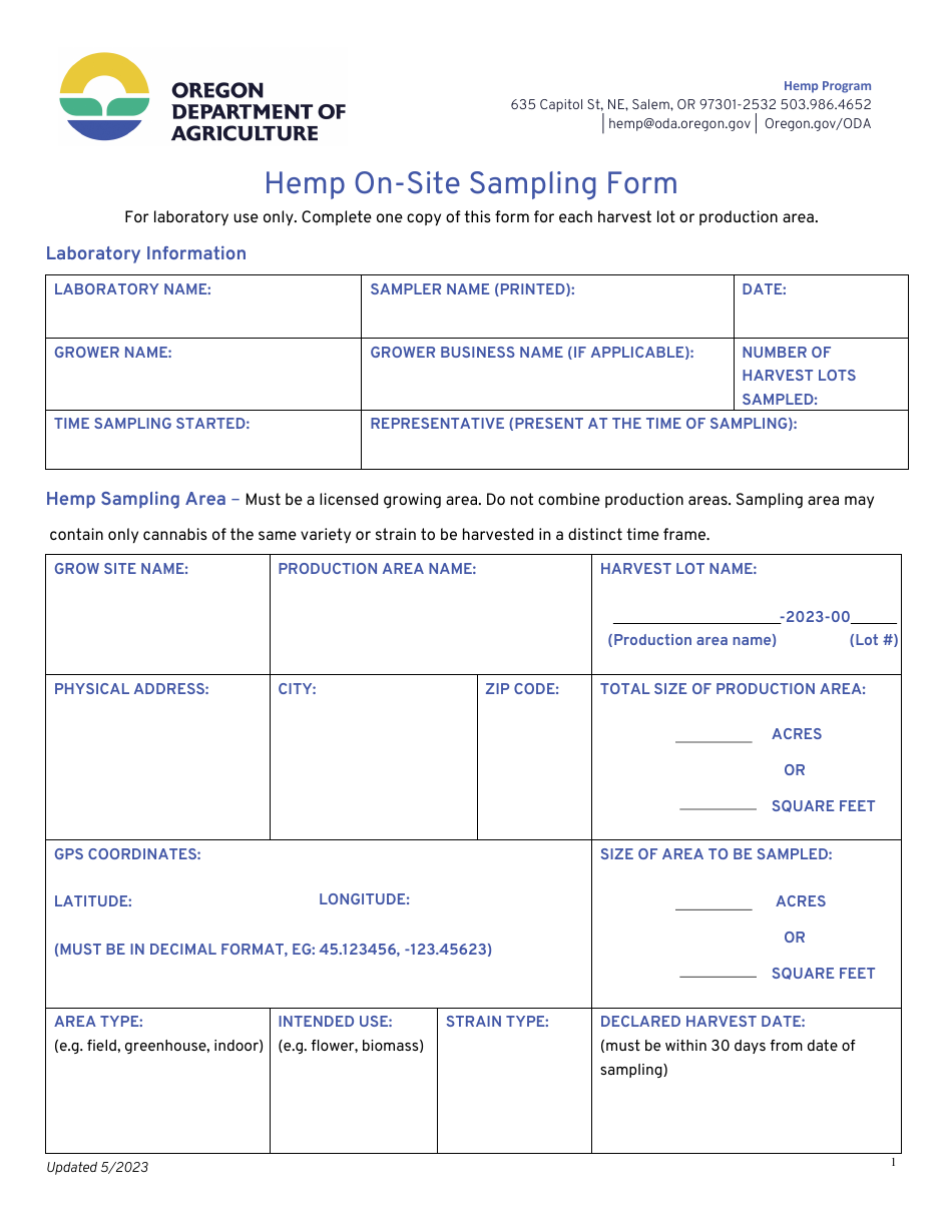 Hemp on-Site Sampling Form - Oregon, Page 1