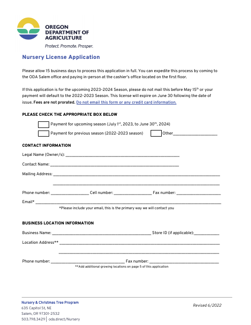 Nursery License Application - Oregon, 2024
