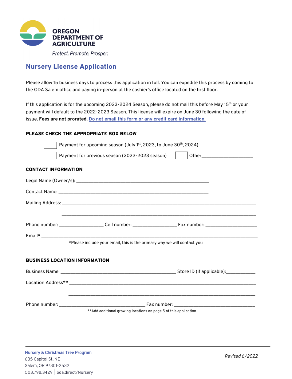 2024 Oregon Nursery License Application Download Printable PDF
