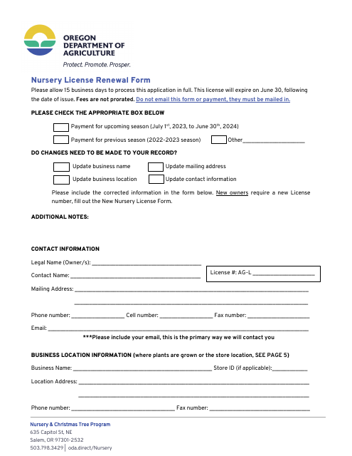 Nursery License Renewal Form - Oregon, 2024