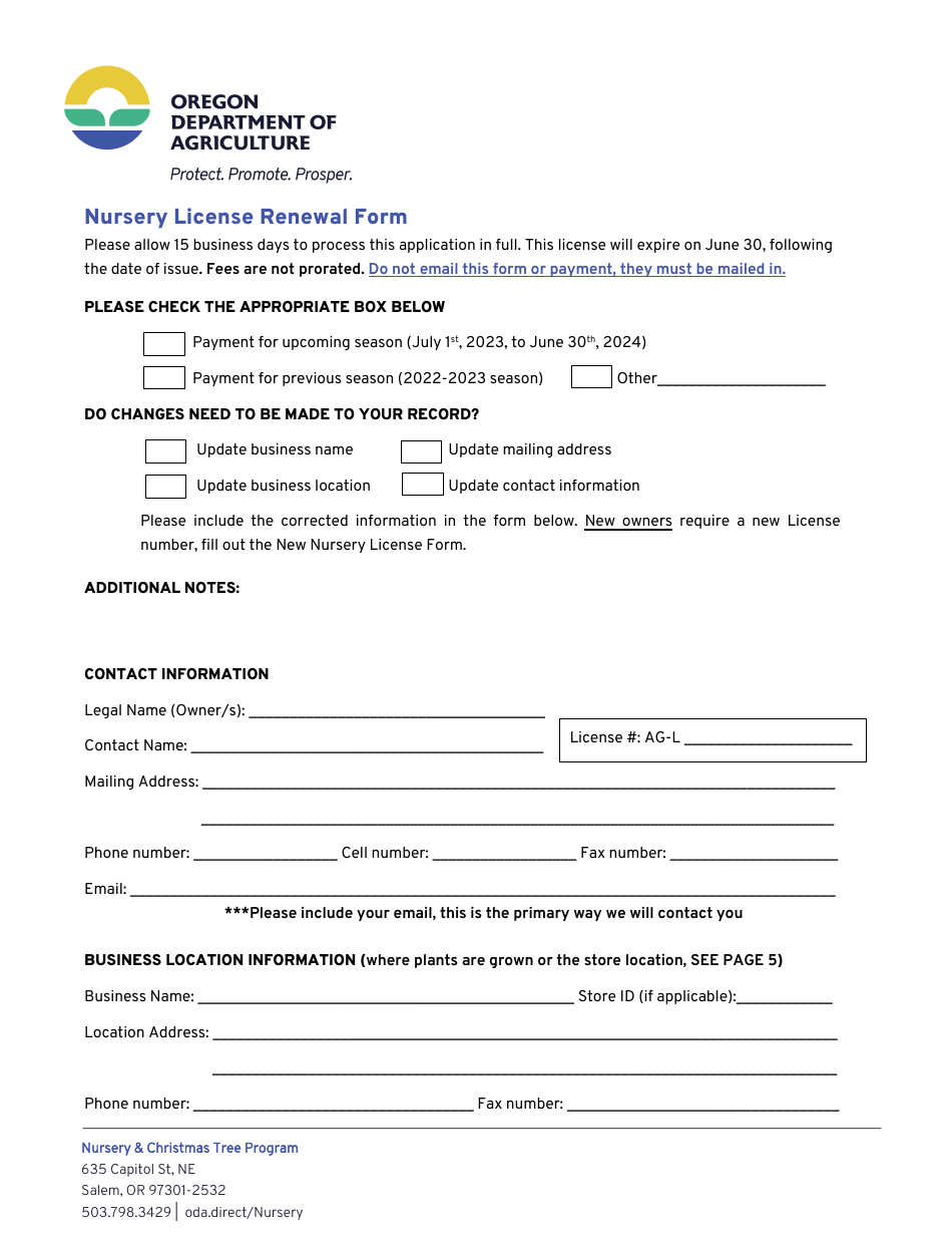 Nursery License Renewal Form - Oregon, Page 1