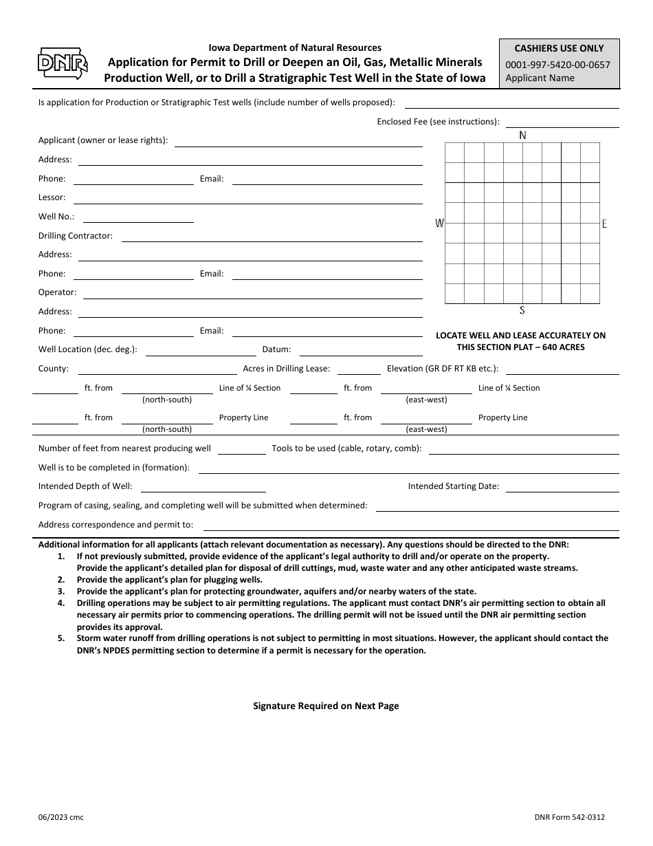 DNR Form 542-0312 Application for Permit to Drill or Deepen an Oil, Gas, Metallic Minerals Production Well, or to Drill a Stratigraphic Test Well in the State of Iowa - Iowa, Page 1