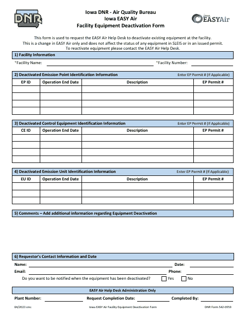 DNR Form 542-0959 Iowa Easy Air Facility Equipment Deactivation Form - Iowa