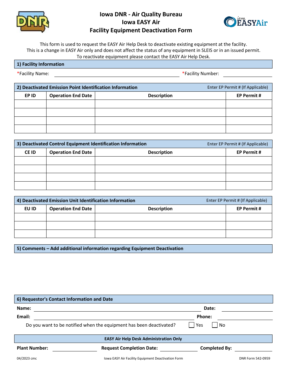 DNR Form 542-0959 Iowa Easy Air Facility Equipment Deactivation Form - Iowa, Page 1