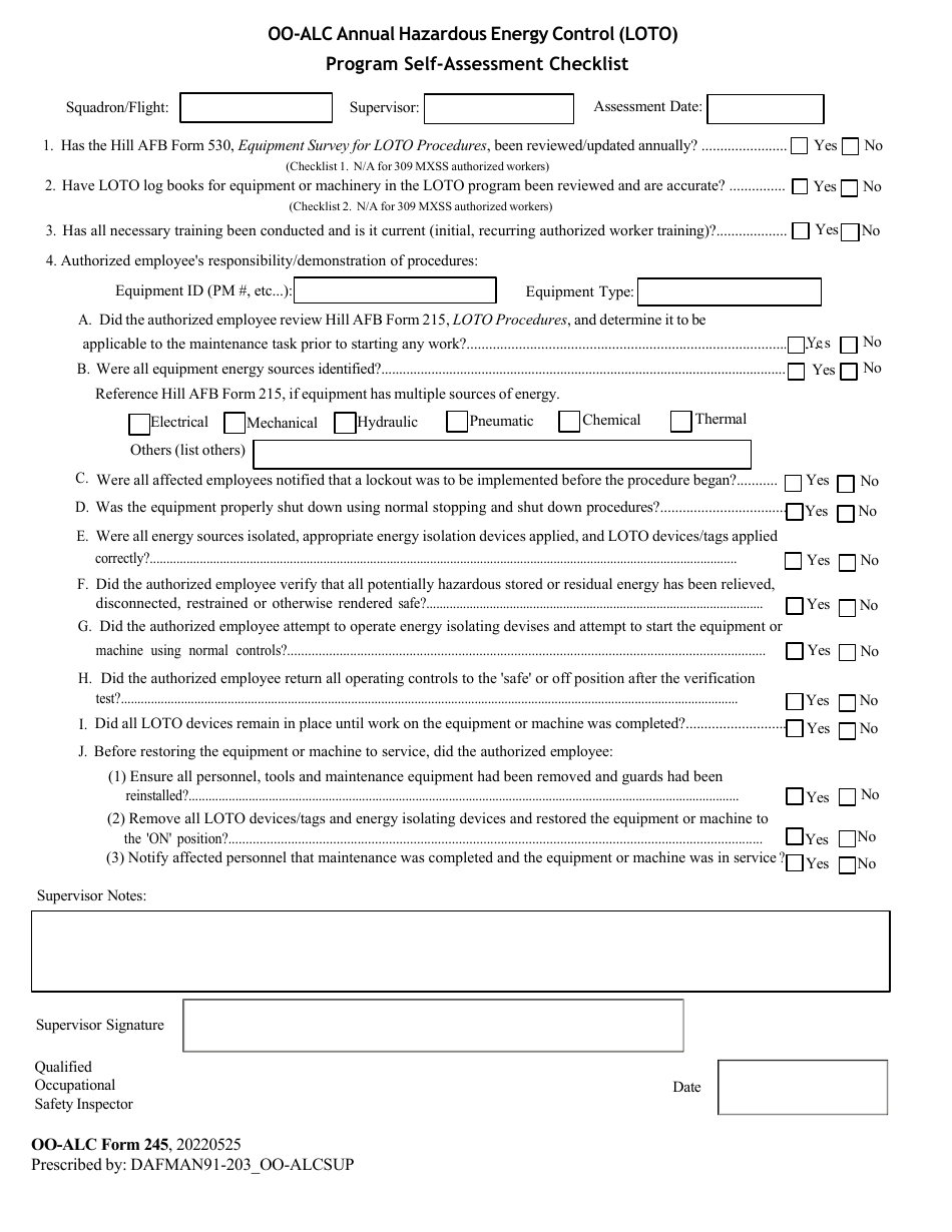 OO-ALC Form 245 Oo-Alc Annual Hazardous Energy Control (Loto) Program Self-assessment Checklist, Page 1