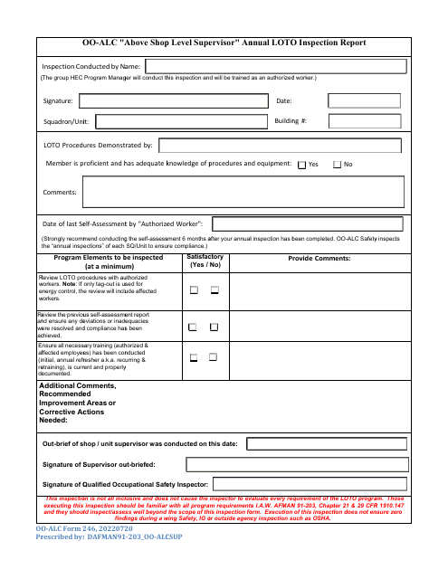 OO-ALC Form 246 Oo-Alc "above Shop Level Supervisor" Annual Loto Inspection Report