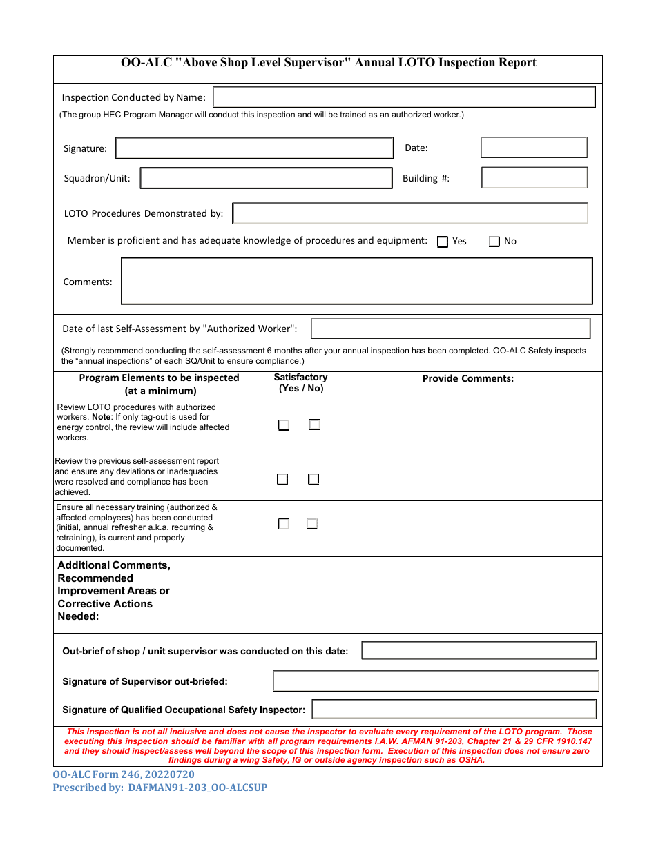 OO-ALC Form 246 Oo-Alc above Shop Level Supervisor Annual Loto Inspection Report, Page 1