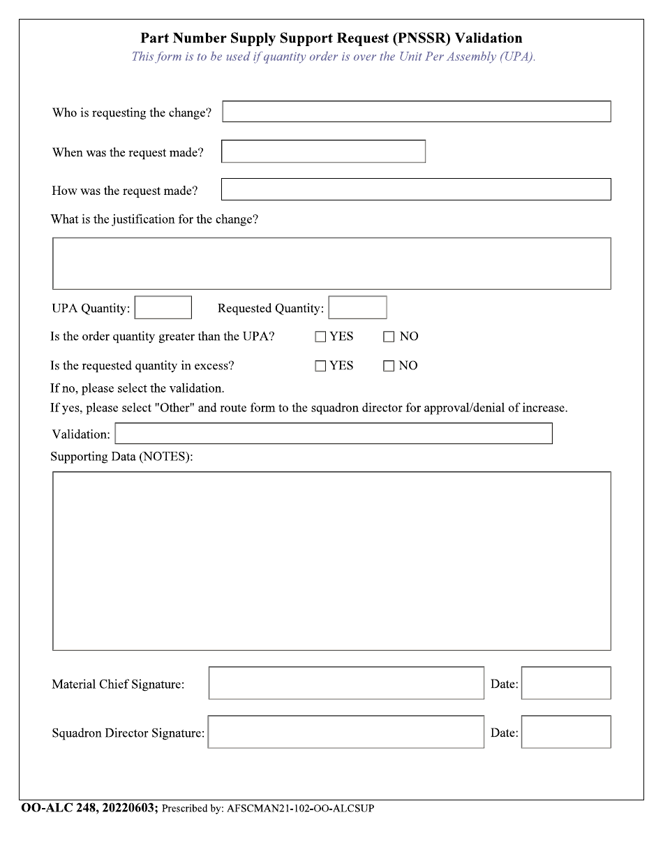 OO-ALC Form 248 Part Number Supply Support Request (Pnssr) Validation, Page 1