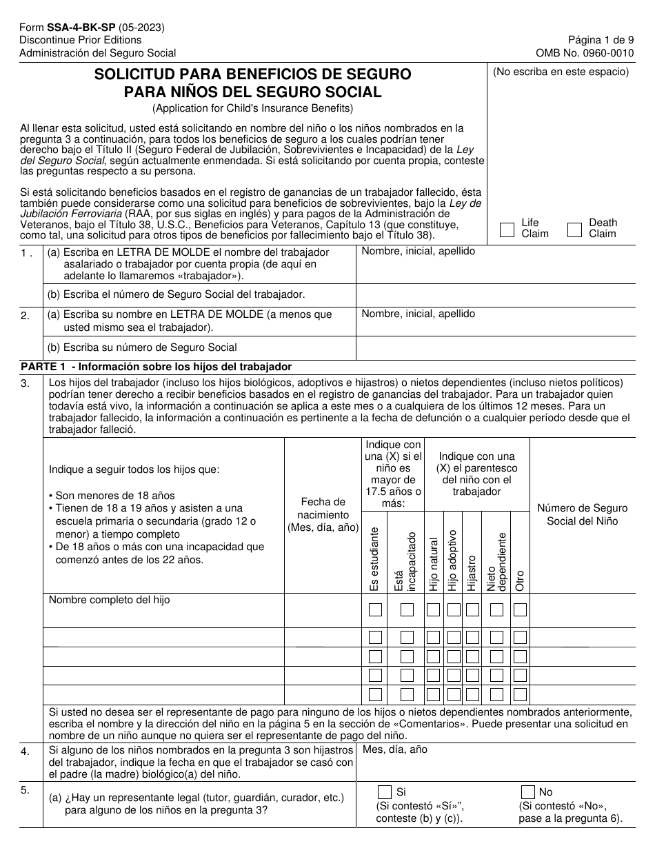 Formulario SSA-4-BK-SP Solicitud Para Beneficios De Seguro Para Ninos Del Seguro Social (Spanish), Page 1