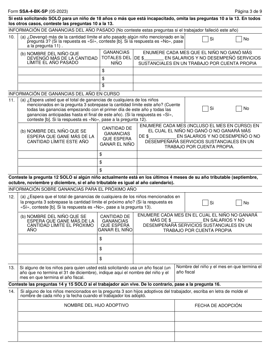 Formulario SSA-4-BK-SP Solicitud Para Beneficios De Seguro Para Ninos Del Seguro Social (Spanish), Page 3