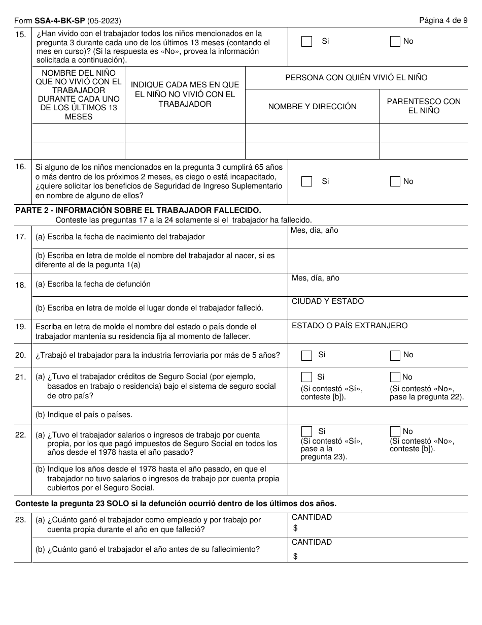 Formulario SSA-4-BK-SP Solicitud Para Beneficios De Seguro Para Ninos Del Seguro Social (Spanish), Page 4