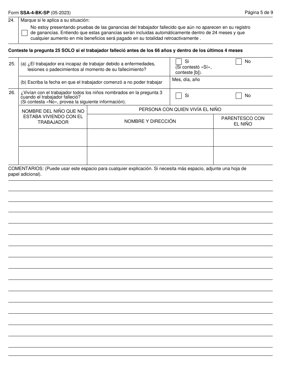 Formulario SSA-4-BK-SP Solicitud Para Beneficios De Seguro Para Ninos Del Seguro Social (Spanish), Page 5