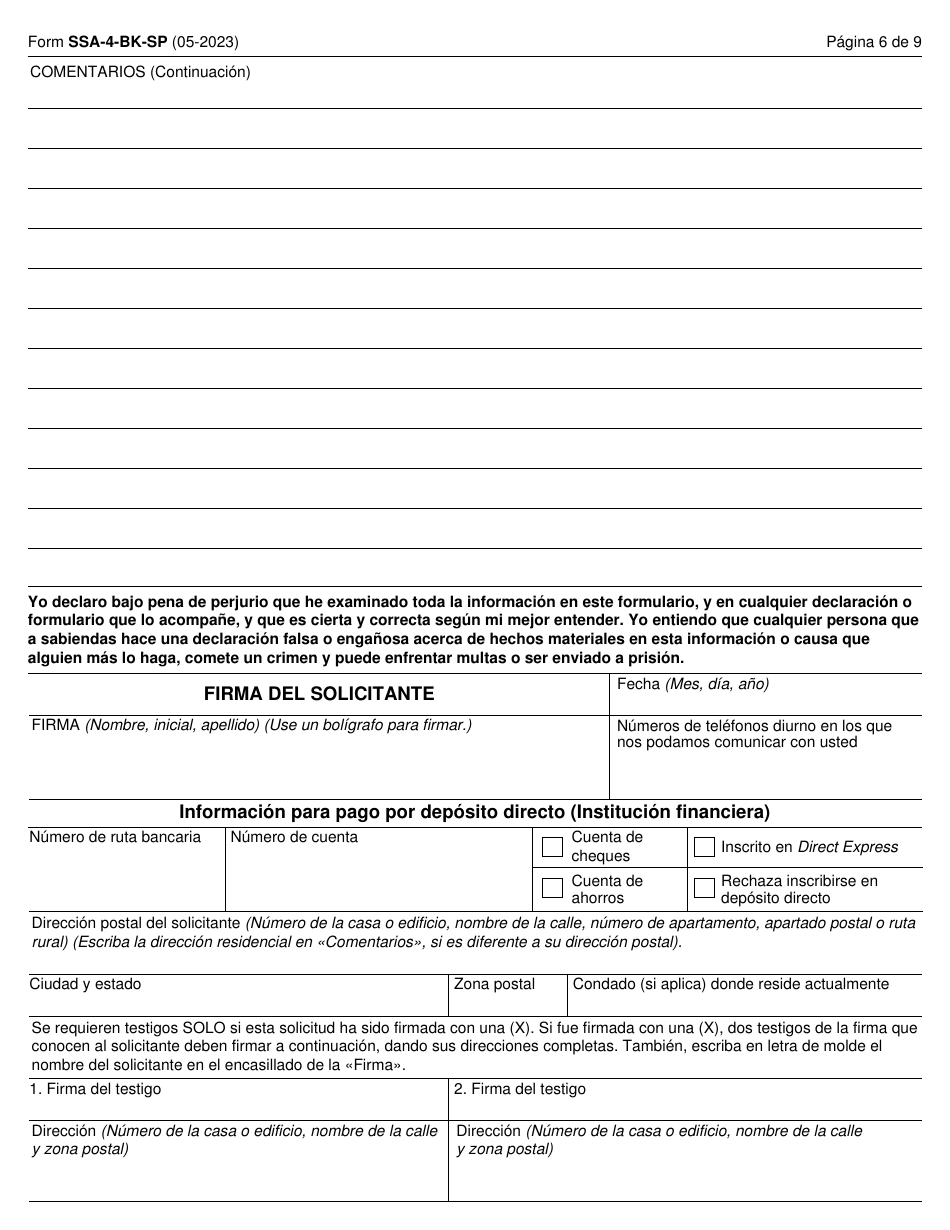 Formulario SSA-4-BK-SP Solicitud Para Beneficios De Seguro Para Ninos Del Seguro Social (Spanish), Page 6