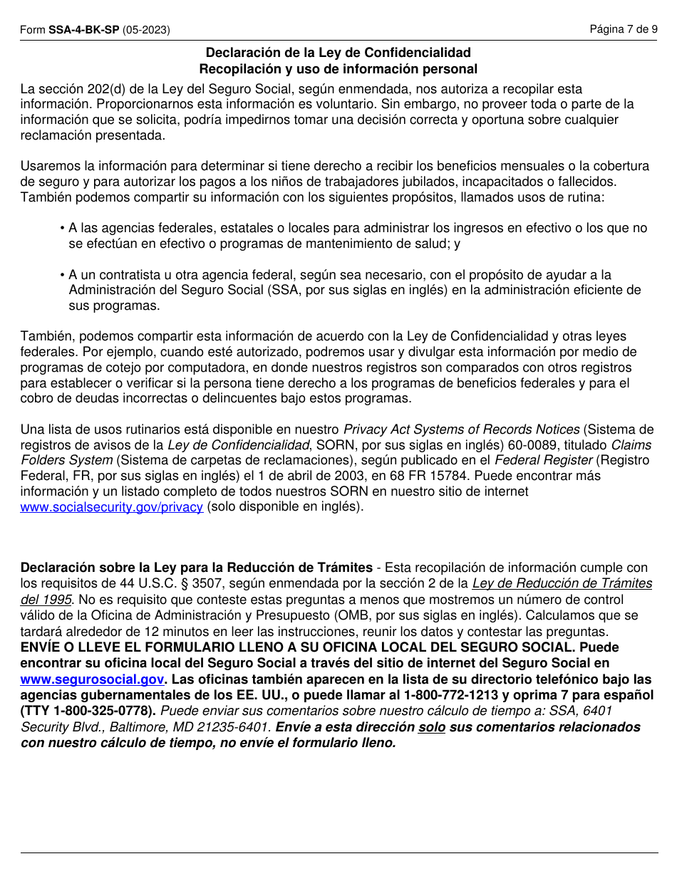 Formulario SSA-4-BK-SP Solicitud Para Beneficios De Seguro Para Ninos Del Seguro Social (Spanish), Page 7