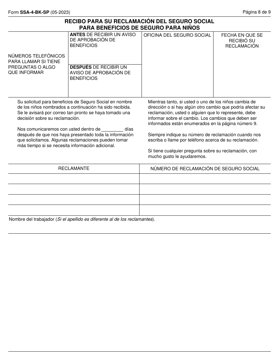 Formulario SSA-4-BK-SP Solicitud Para Beneficios De Seguro Para Ninos Del Seguro Social (Spanish), Page 8