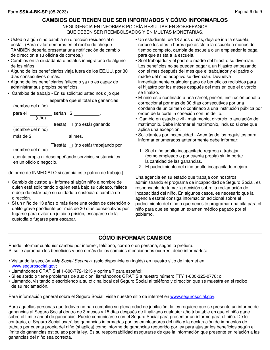 Formulario SSA-4-BK-SP Solicitud Para Beneficios De Seguro Para Ninos Del Seguro Social (Spanish), Page 9