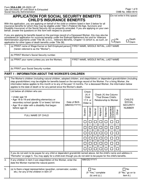 Form SSA-4-BK Application for Social Security Benefits - Child's Insurance Benefits