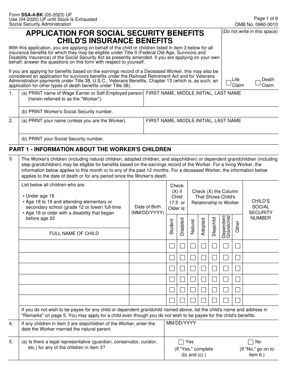 Form SSA-4-BK Application for Social Security Benefits - Childs Insurance Benefits, Page 1