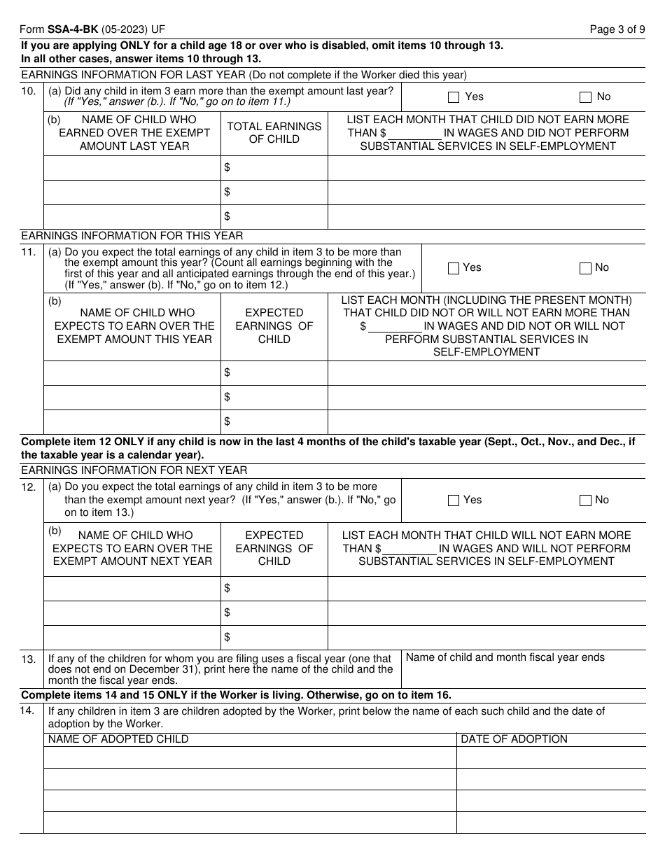 Form SSA-4-BK Application for Social Security Benefits - Childs Insurance Benefits, Page 3