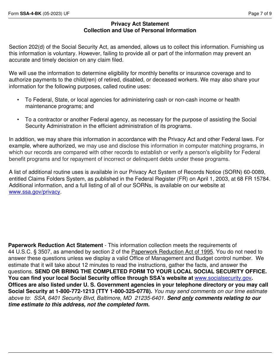 Form SSA-4-BK Application for Social Security Benefits - Childs Insurance Benefits, Page 7