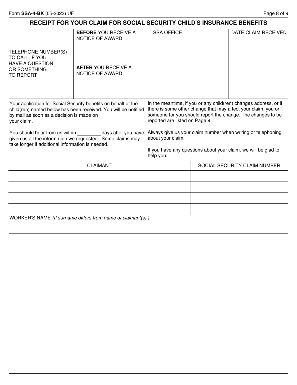 Form SSA-4-BK Application for Social Security Benefits - Childs Insurance Benefits, Page 8