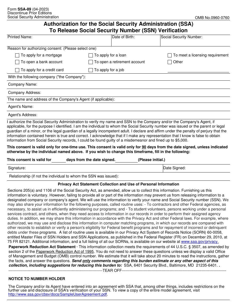 Form SSA-89 Authorization for the Social Security Administration (Ssa) to Release Social Security Number (Ssn) Verification, Page 1